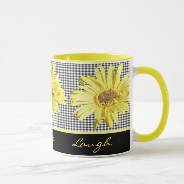 Yellow Gerbera and Black Live, Love, Laugh Mug (Right)