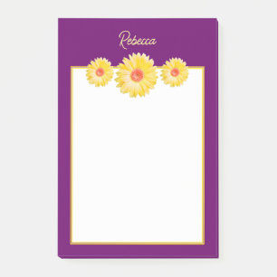 Yellow Gerbera Daisies on Purple Personalized Post-it Notes