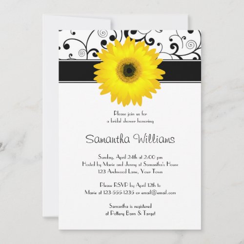 Yellow Gerbera Daisy Black Scroll Bridal Shower Invitation