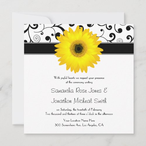 Yellow Gerbera Daisy Black Scroll Design Wedding Announcements