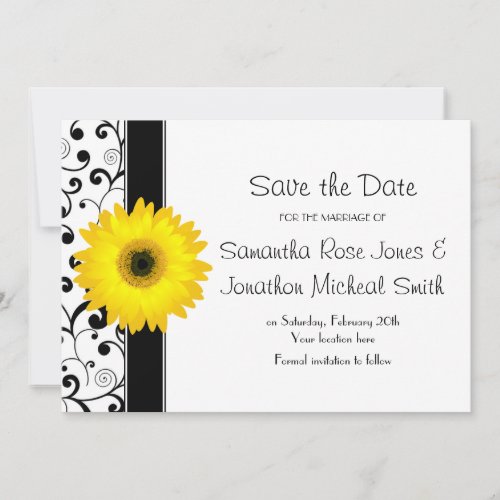 Yellow Gerbera Daisy Black Scroll Save the Date