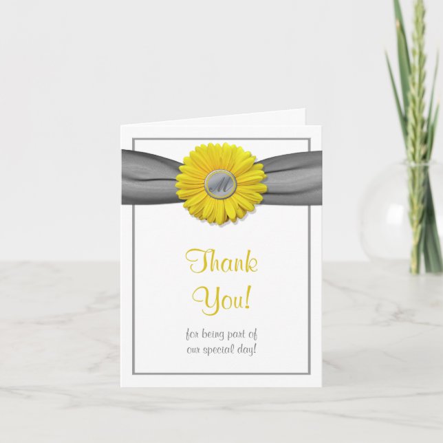 Yellow Gerbera Daisy Grey Ribbon Thank You Card (Front)