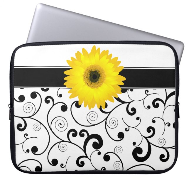 Yellow Gerbera Daisy on Black & White Scroll Laptop Sleeve (Front)