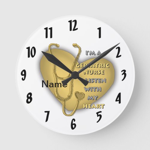 Yellow Geriatric Nurse Heart custom name Round Clock