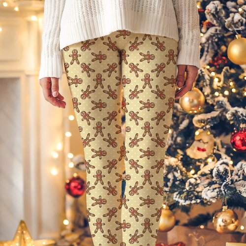 Yellow Gingerbread Man Polka Dot Christmas Leggings