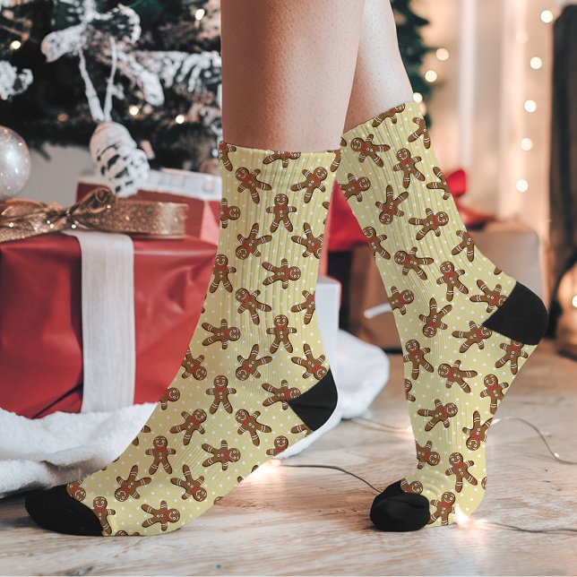 Yellow Gingerbread Man Polka Dot Christmas Socks (Creator Uploaded)