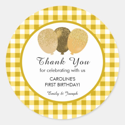 Yellow Gingham 1st Birthday Glitter Balloons Favor Classic Round Sticker