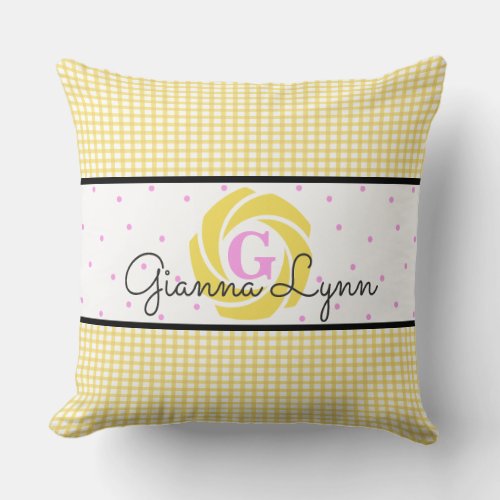 Yellow Gingham and Floral Monogram Throw Pillow