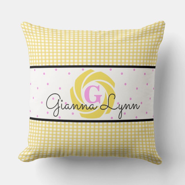 Yellow Gingham and Floral Monogram Throw Pillow (Front)
