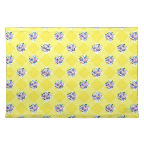 Yellow Gingham and Purple Blue Floral Country Cloth Placemat