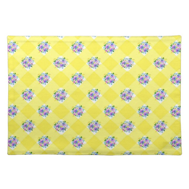 Yellow Gingham and Purple Blue Floral Country Cloth Placemat (Front)