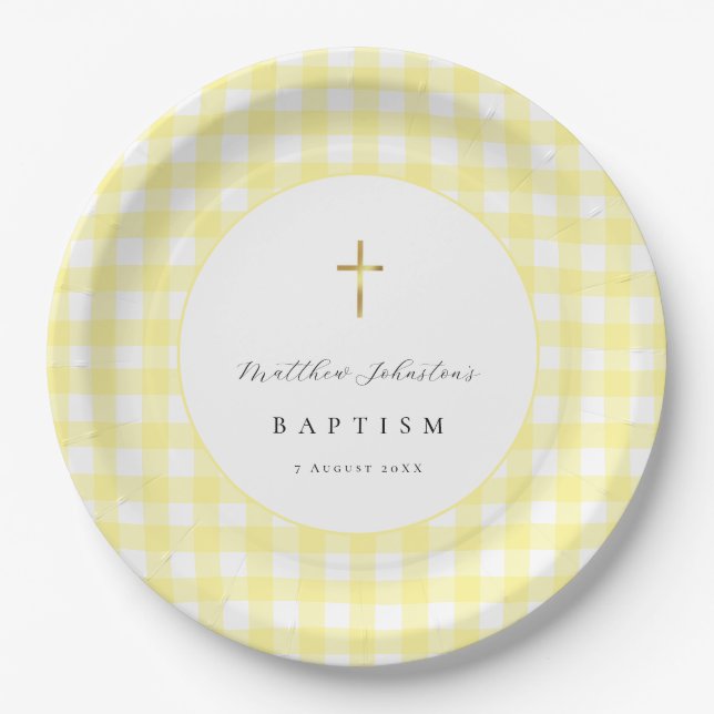 Yellow Gingham Baby Baptism Paper  Plates (Front)