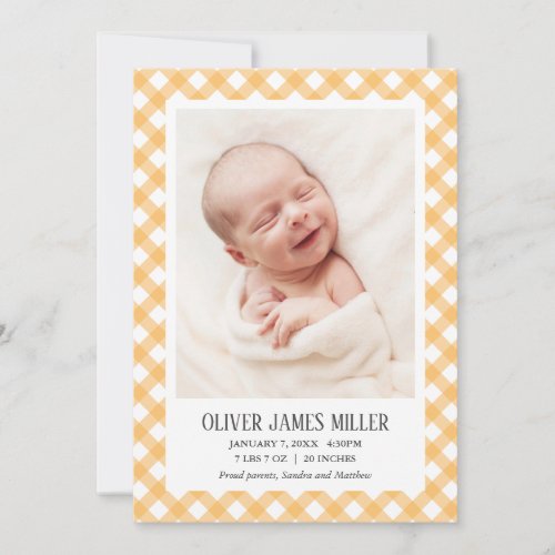 Yellow Gingham Baby Birth Announcement Photo Card