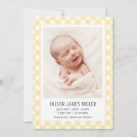 Yellow Gingham Baby Birth Announcement Photo Card