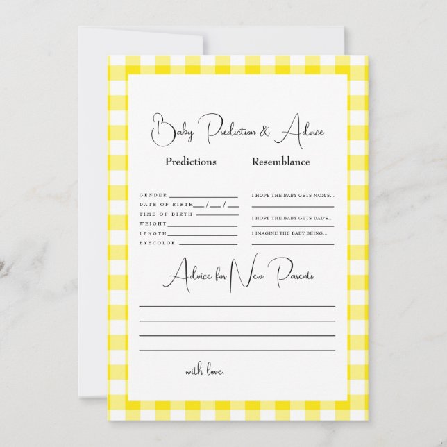 Yellow Gingham Baby Predictions  Invitation (Front)
