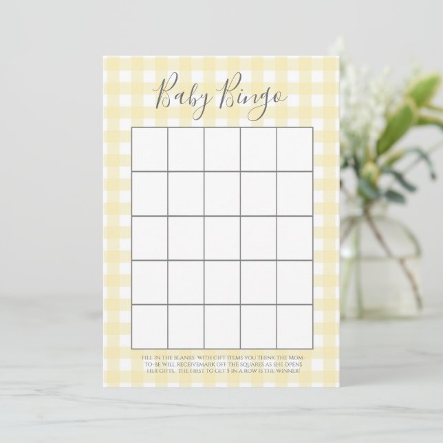 Yellow Gingham Baby Shower Bingo Cards (Standing Front)