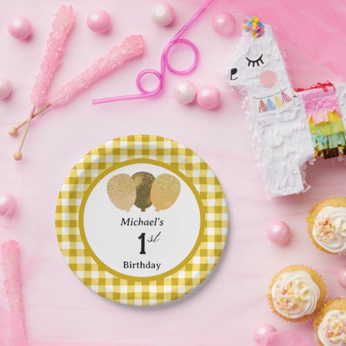 Yellow Gingham & Balloons 1st Birthday Paper Plates