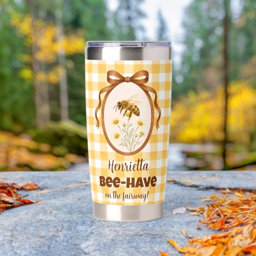 Yellow Gingham Bee Daisy Golf Fairway Humorous  Insulated Tumbler
