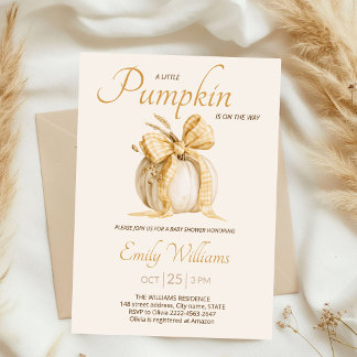 Yellow Gingham Bow Fall Pumpkin Baby Shower Invitation