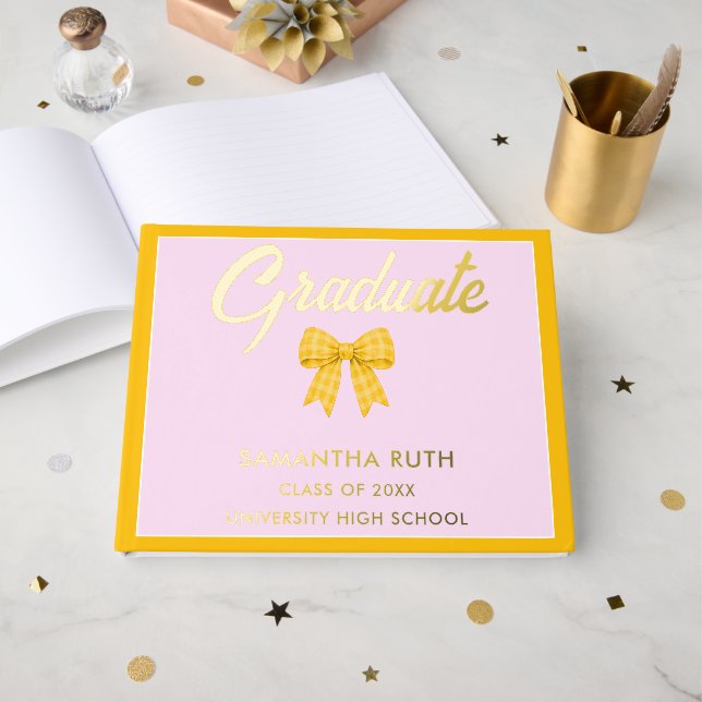 Yellow Gingham Bow Graduation Party Foil Guest Book (Front Open)