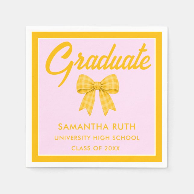 Yellow Gingham Bow Graduation Party Napkins (Front)