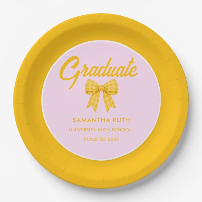 Yellow Gingham Bow Graduation Party Paper Plates (Front)