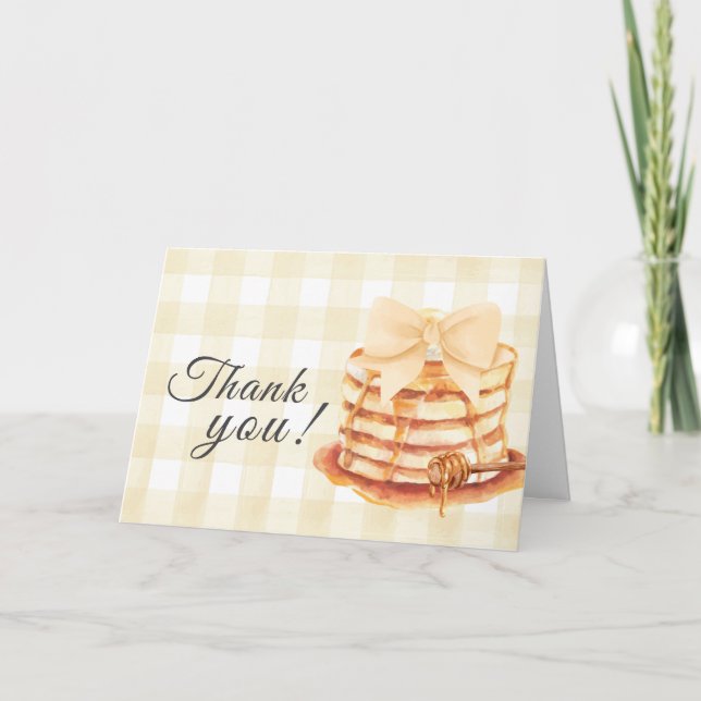 Yellow Gingham Bow Pancake Brunch Baby Shower  Thank You Card (Front)