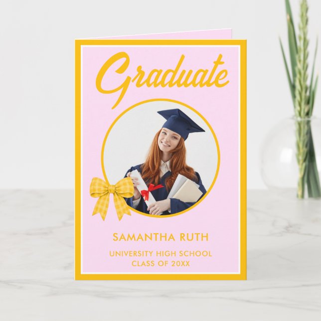Yellow Gingham Bow Photo Graduation  Card (Front)
