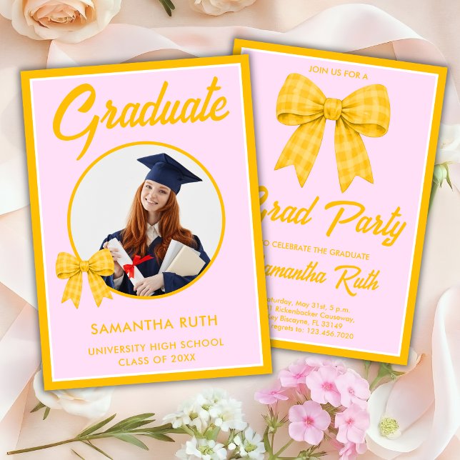 Yellow Gingham Bow Photo Graduation Party Invitation (Creator Uploaded)