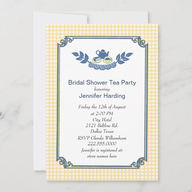 Yellow Gingham Bridal Shower Tea Party Invitation (Front)