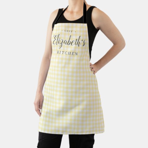 Yellow gingham check adult personalized cooking apron