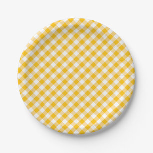 Yellow Gingham Check Pattern Paper Plates