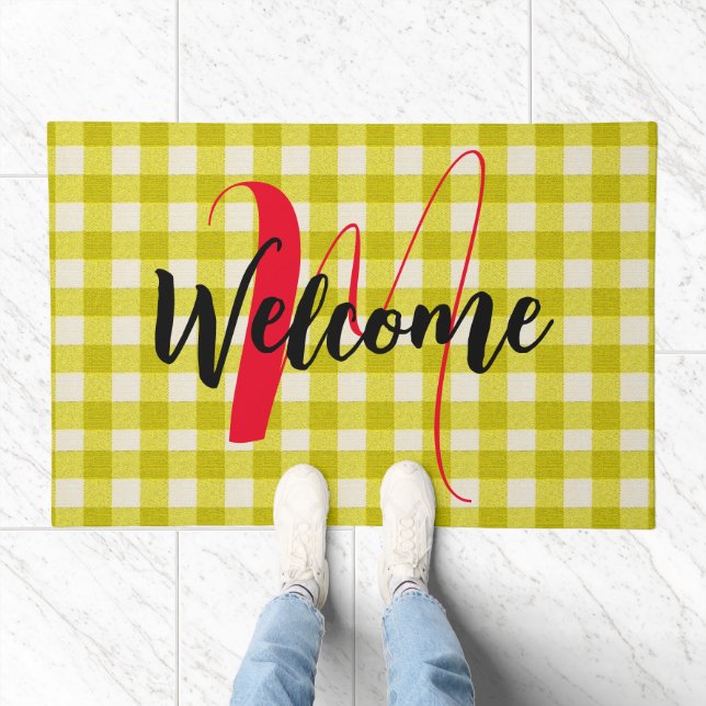 Yellow Gingham Check Plaid - Retro Name Monogram Doormat (Indoor)