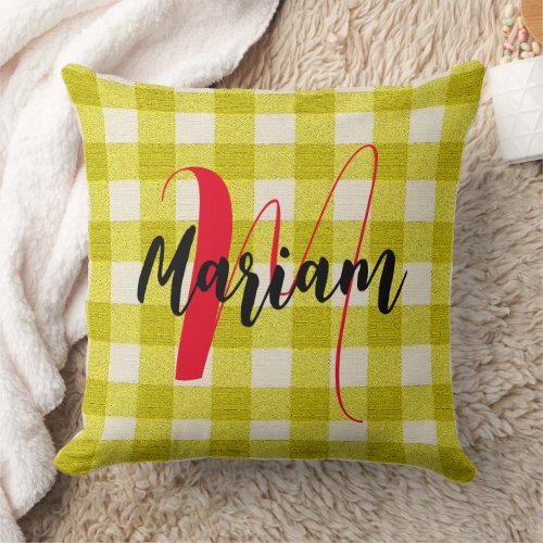 Yellow Gingham Check Plaid - Retro Name Monogram Throw Pillow