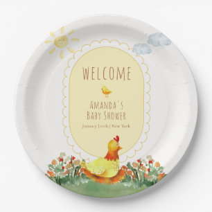 Yellow Gingham Chicken Baby Shower Welcome Paper Plates