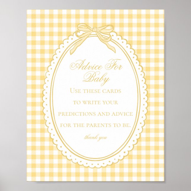 Yellow Gingham Coquette Bow Advice for Baby Shower Poster (Front)