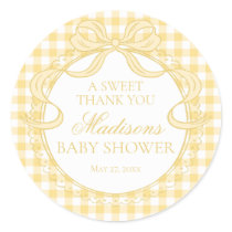 Yellow Gingham Coquette Bow Baby Shower Favor Classic Round Sticker