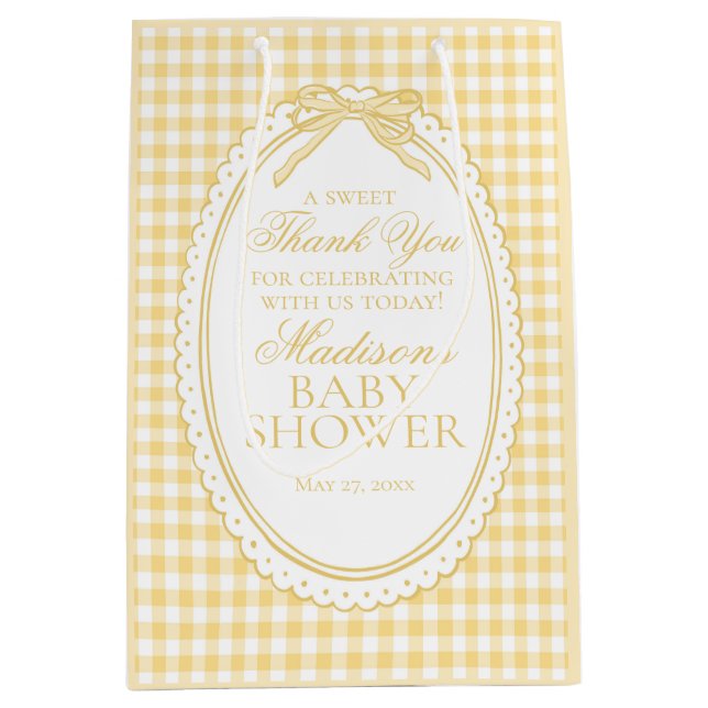 Yellow Gingham Coquette Bow Baby Shower Favors Medium Gift Bag (Front)