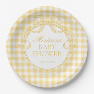Yellow Gingham Coquette Bow Baby Shower Paper Plates