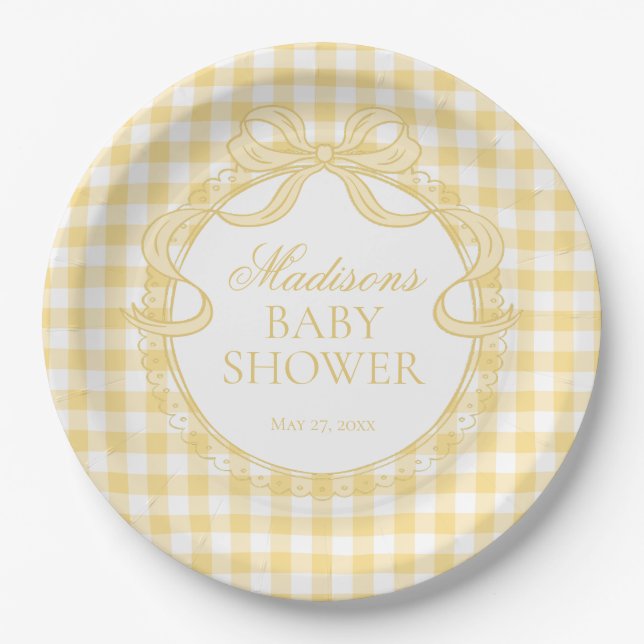Yellow Gingham Coquette Bow Baby Shower Paper Plates (Front)