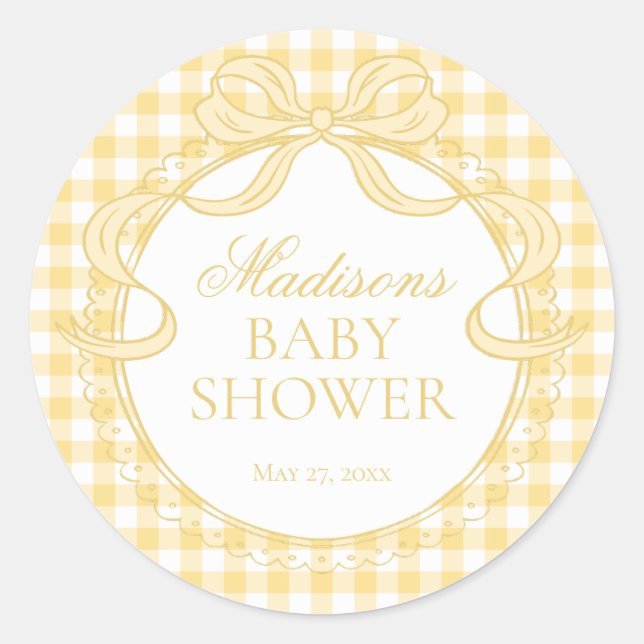 Yellow Gingham Coquette Bow Baby Shower Seal (Front)