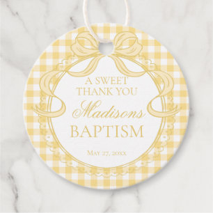 Yellow Gingham Coquette Bow Baptism Circle Favor Tags