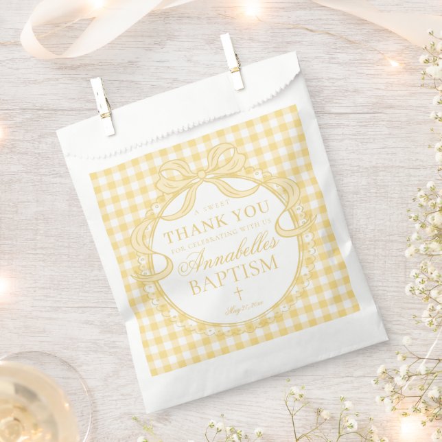 Yellow Gingham Coquette Bow Baptism Dessert Favor Bag (Clipped)
