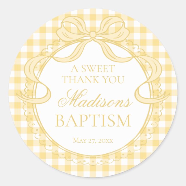 Yellow Gingham Coquette Bow Baptism Favor Classic Round Sticker (Front)