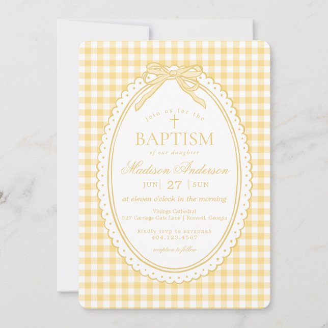 Yellow Gingham Coquette Bow Baptism Invitation (Front)