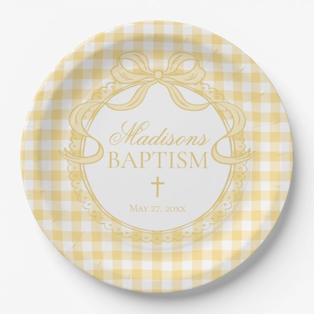 Yellow Gingham Coquette Bow Baptism Paper Plates (Front)