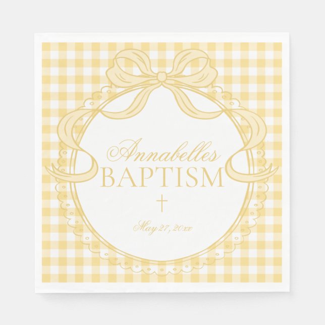 Yellow Gingham Coquette Bow Baptism Table Decor Napkins (Front)