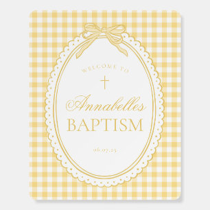 Yellow Gingham Coquette Bow Baptism Welcome Sign