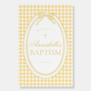 Yellow Gingham Coquette Bow Baptism Welcome Sign