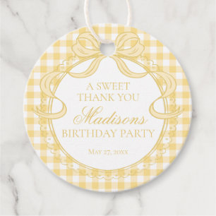 Yellow Gingham Coquette Bow Birthday Party Circle Favor Tags